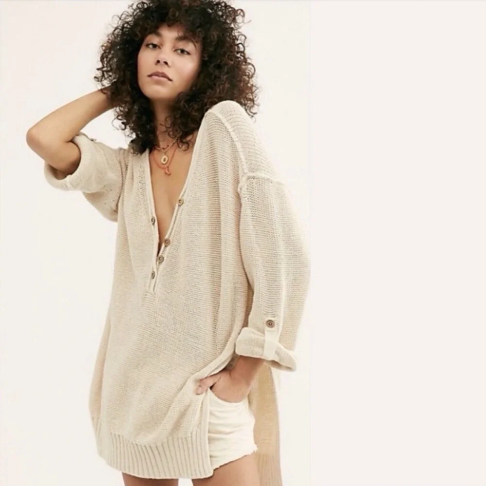 Free People We The Free Firefly Oversized Knit Tunic Sweater Ivory Size‎ XS
